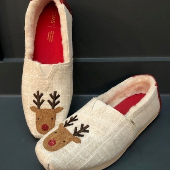 TOMS Sparkle Fuzzy Slip On Flats / Slippers with Embroidered Reindeer - Size 9 - Picture 1 of 6